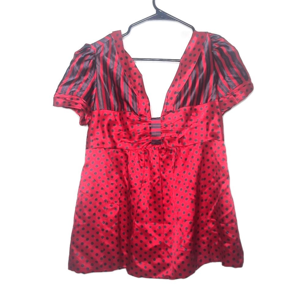 Marc Jacobs Pinup Blouse Polka Dot Stripes Red Black Silk Blend Size 8